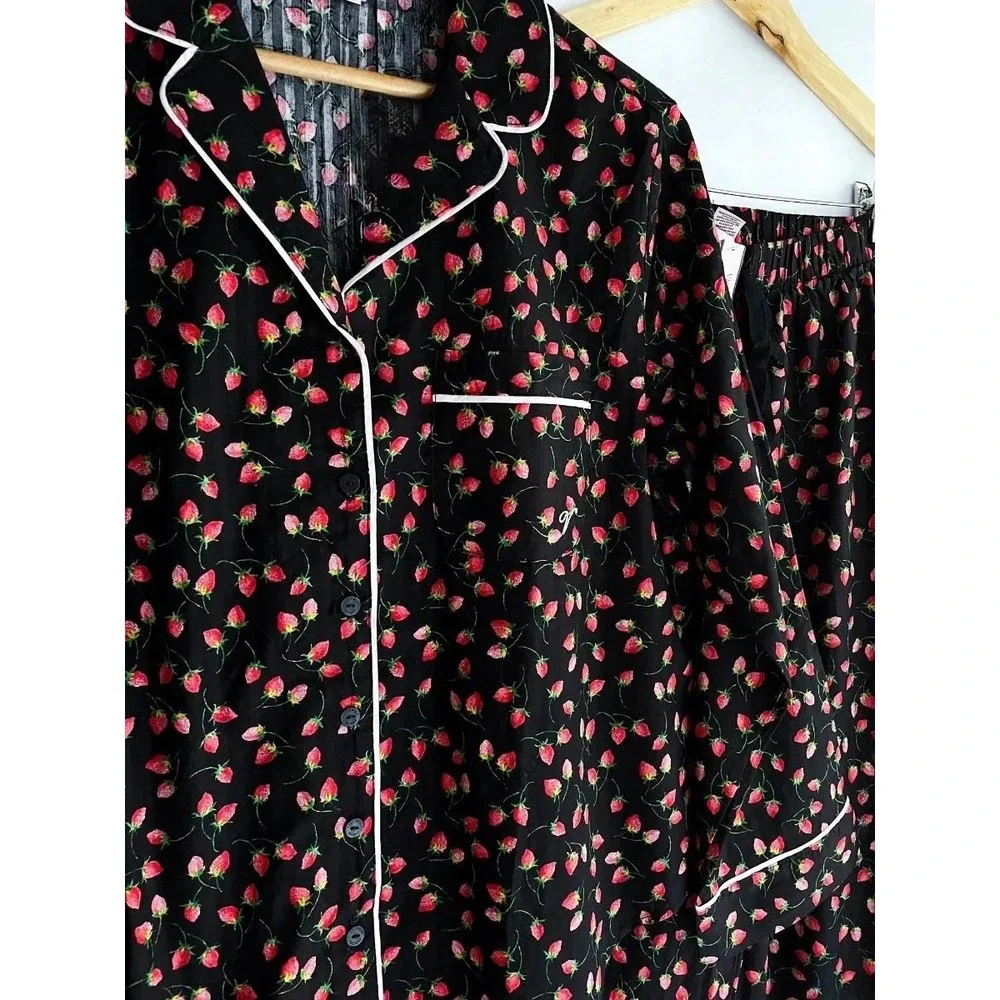 Victoria's Secret Black Strawberry Print Cotton Pajama Set Long Sleeve Pants L